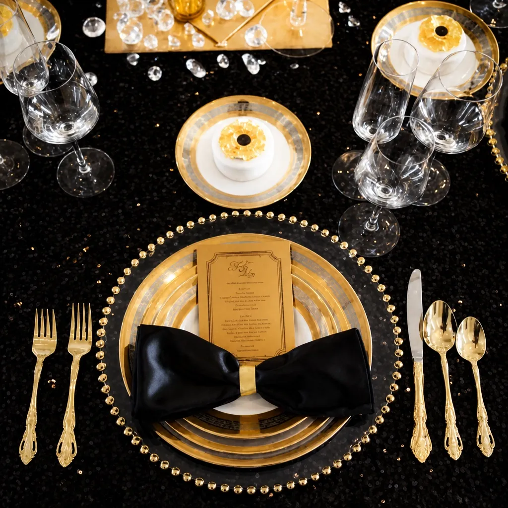 Black-and-gold luxury tablescape with layered dinnerware, glassware, and gold flatware