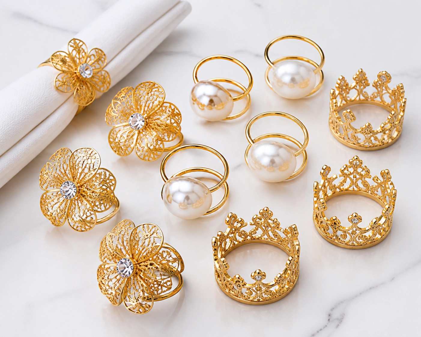 Gold and pearl napkin rings arranged on folded white napkins