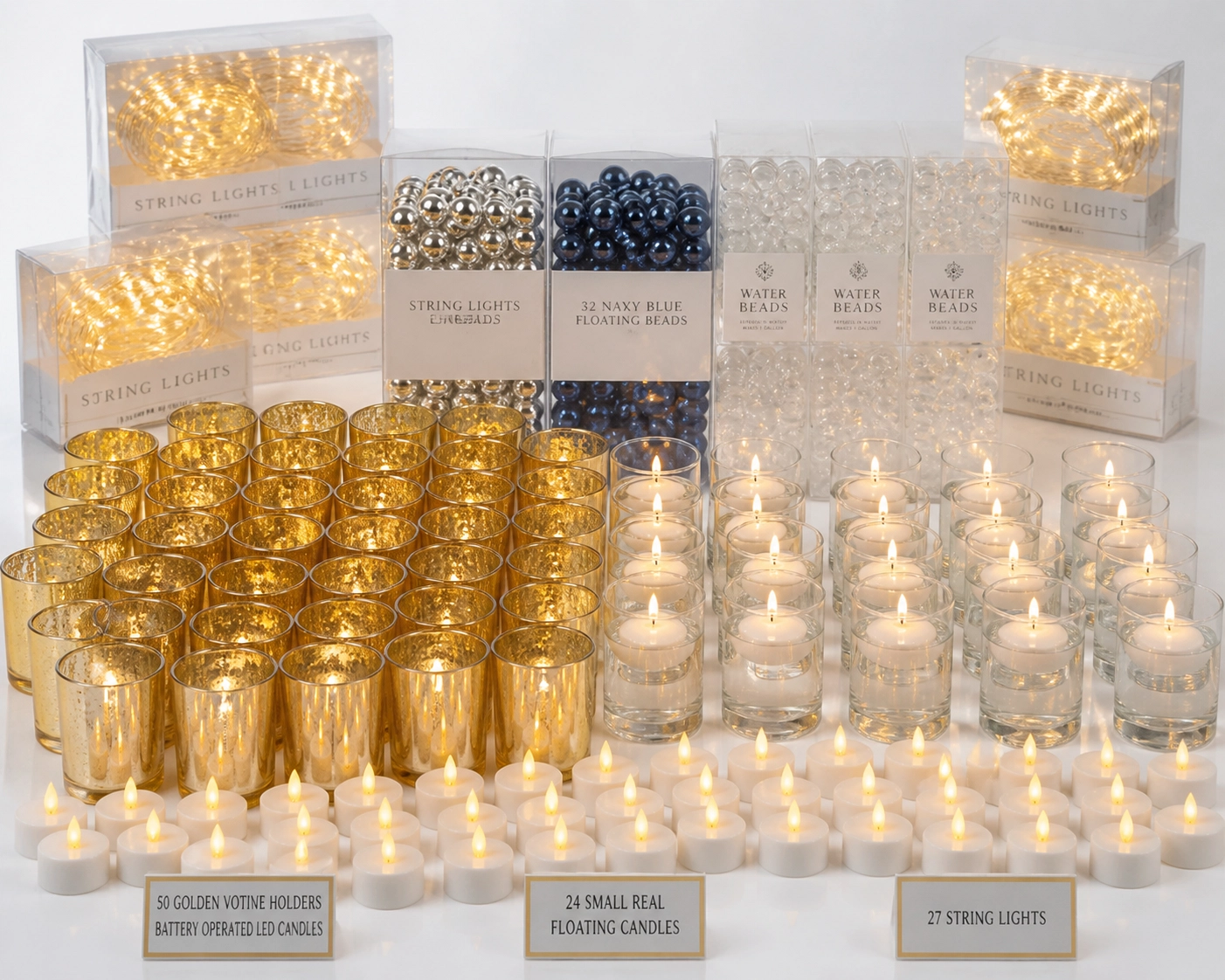 LED candles and candle vessels arranged for event lighting