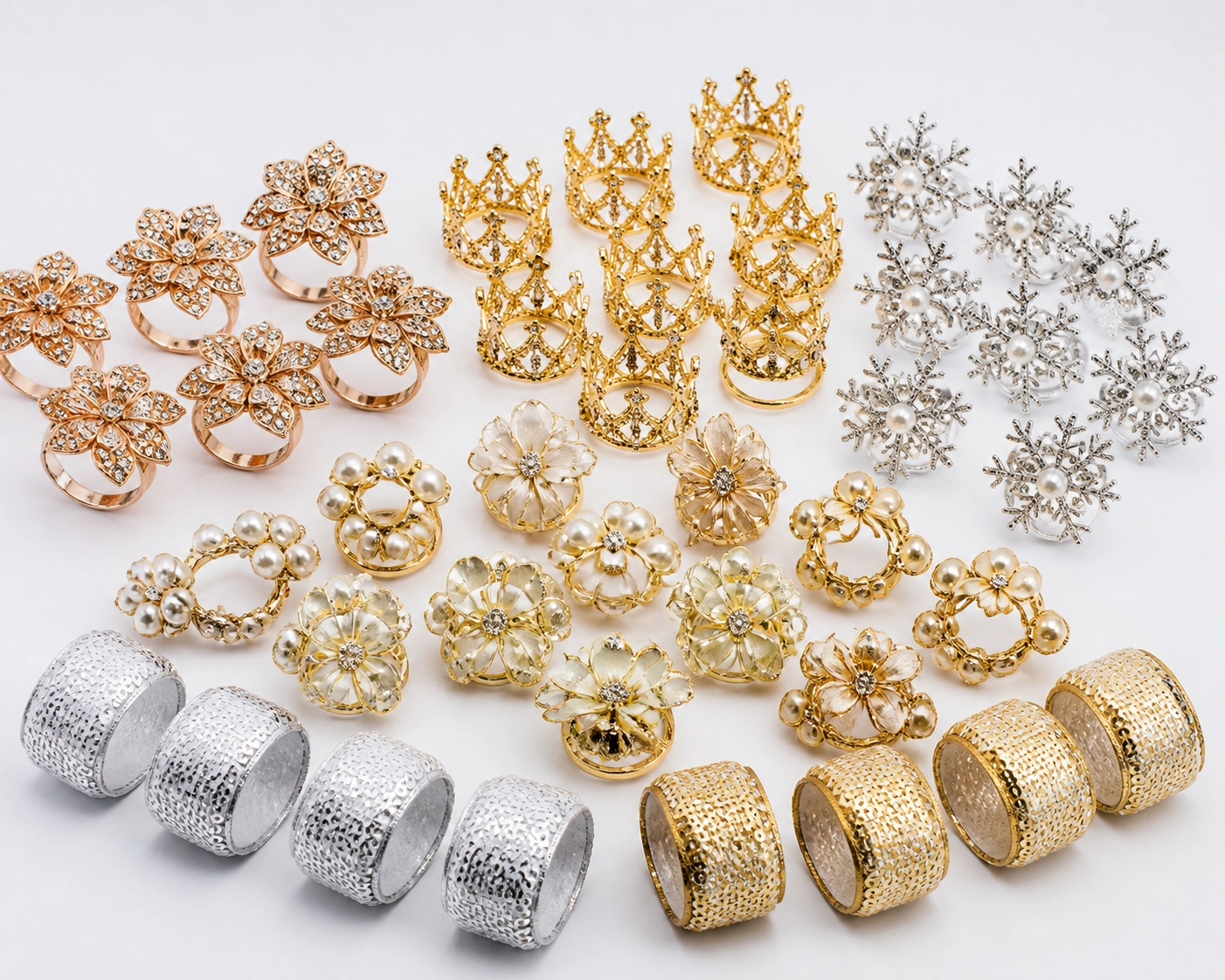 Assorted gold, silver, and crystal-inspired napkin rings