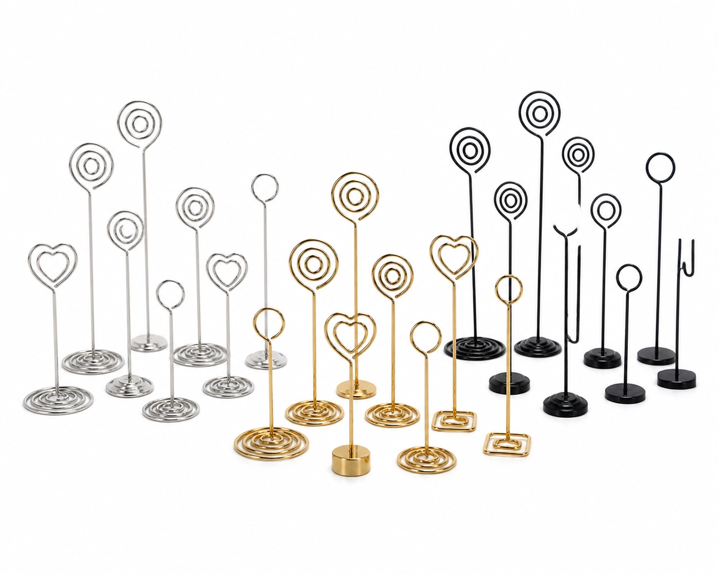 Gold and silver place-card holders in varied shapes