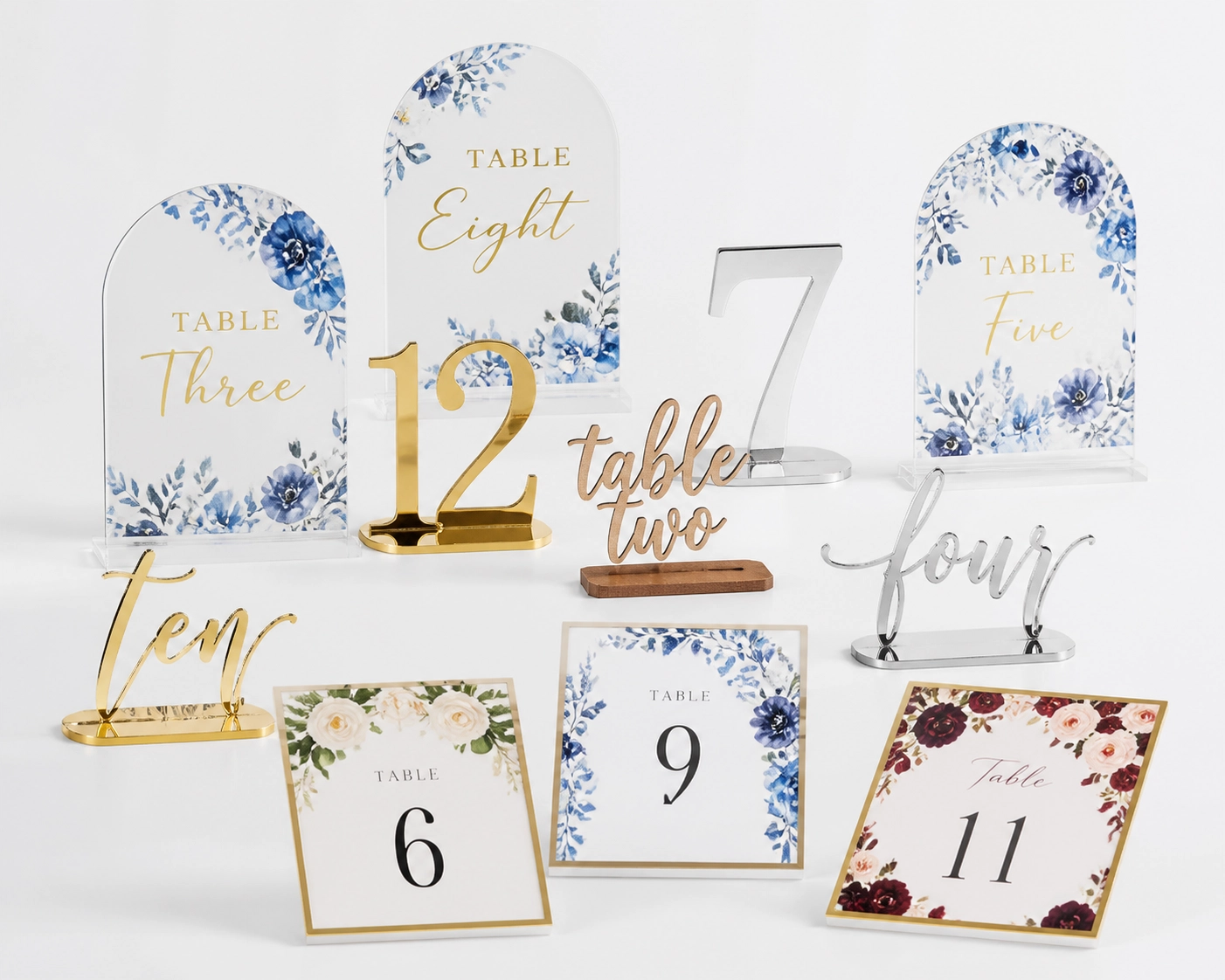Designer table numbers in assorted finishes