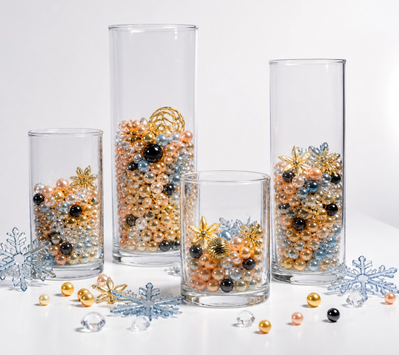 Water pearls and decorative fillers in tall glass vessels
